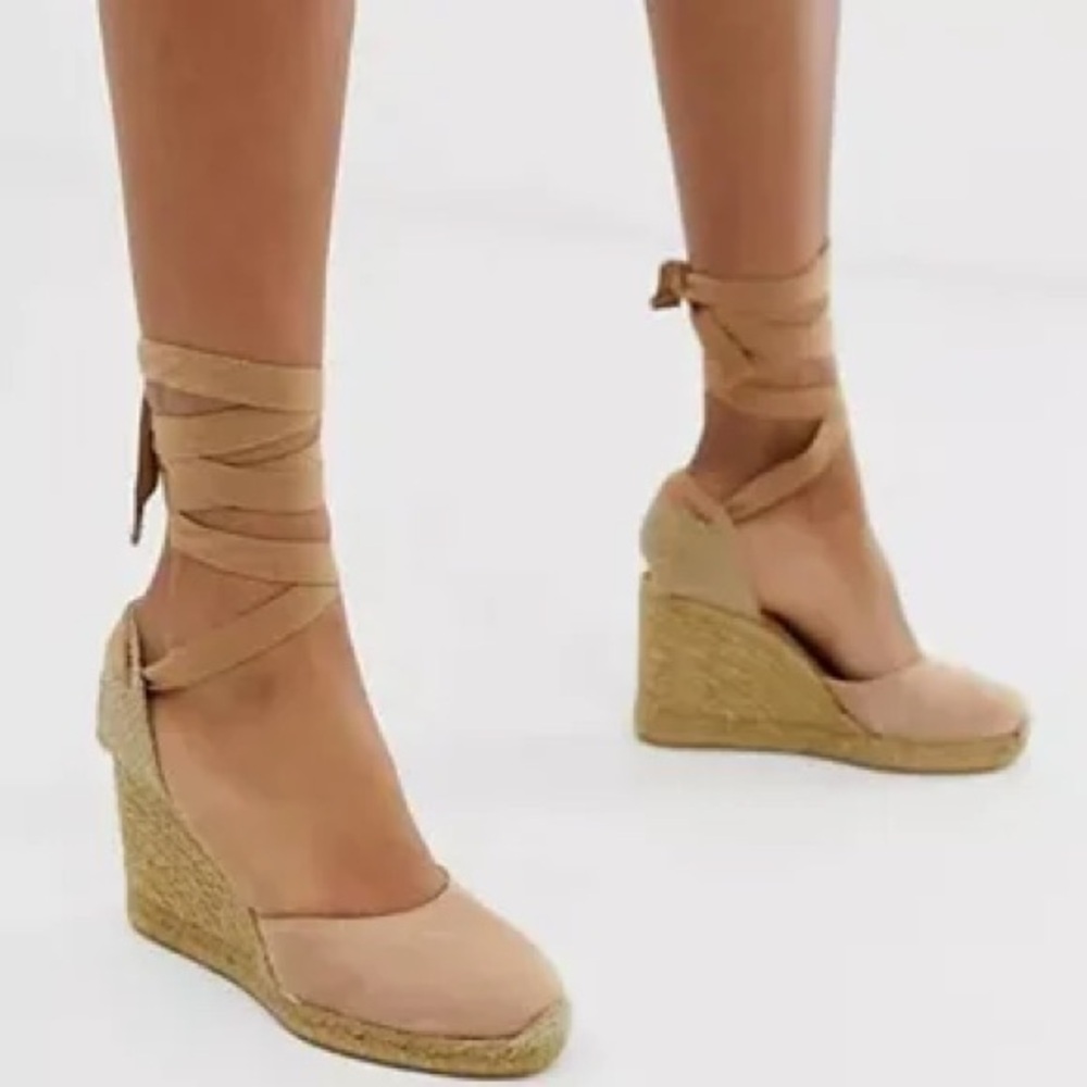 New Tan Espadrille Wedge Shoes with Ankle Wrap